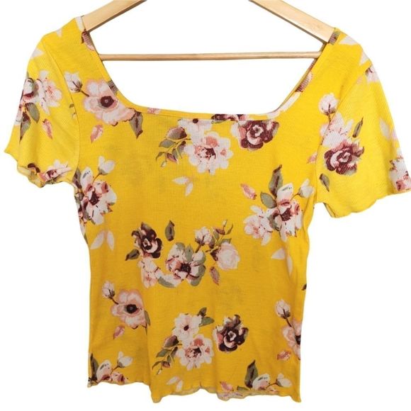 Ardene Yellow Floral Super Soft Ribbed Short Sleeve Top Large - Picture 2 of 7